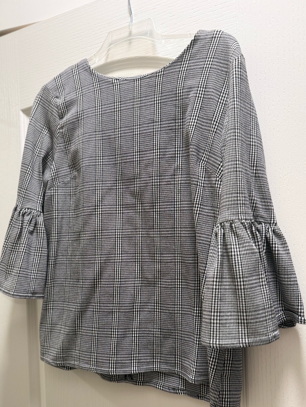 Calvin Klein Black and White Plaid Bell Sleeve Blouse - Picture 2 of 5